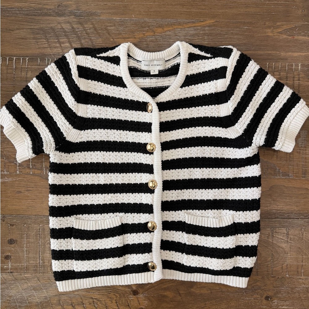 Black and White short sleeve Striped Cardigan gold buttons old money knit